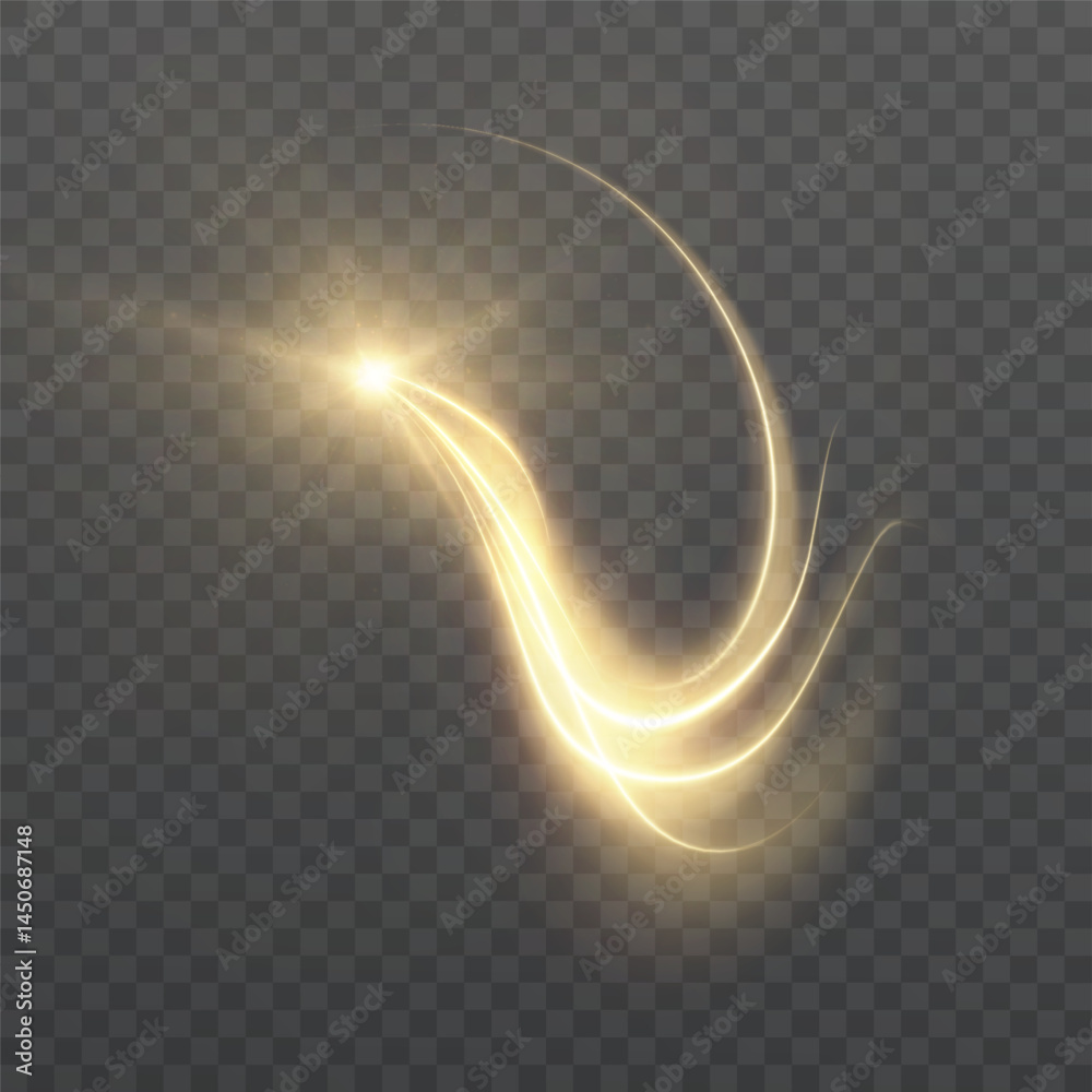 Aufkleber Golden light comet with bright glare and bright magic flow on transparent background. Dynamic energy trail with fantastic shine and light curved flow. Vector