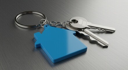 Keys and blue house shape keychain on metal surface
