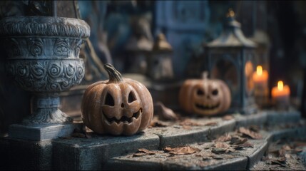 Spooky season is here! Two carved pumpkins sit on a stone surface, adding to the mysterious atmosphere.