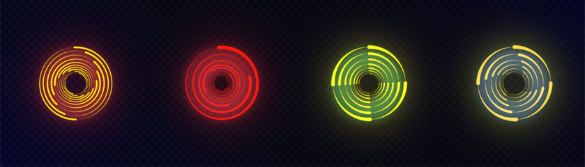 Set of radar-style circular pulse interfaces with glowing concentric rings in red, yellow, green, and blue. Includes scanning visuals, pulse rotation, and digital detection elements on dark background