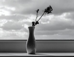 A single wilting flower in a cracked vase on a windowsill under gray skies.
