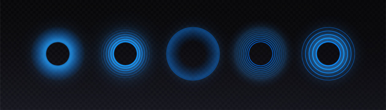 A set of radar style circular pulse interfaces with glowing concentric rings of blue light. Includes scanning visuals, pulse rotation, and digital detection elements on a dark background.