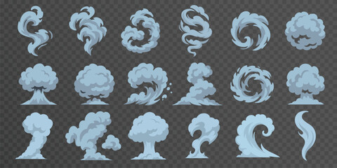 Vector set of blue smoke clouds, swirl shapes and explosion effects with rounded outlines. Swirl, wave and impact shape icons for visual effects, motion graphics and interfaces.