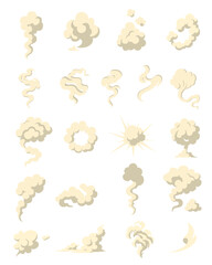 Vector set of soft beige smoke clouds, swirl shapes and explosion effects with rounded outlines. Swirl, wave and impact shape icons for visual effects, graphics.
