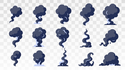 Vector set of dark smoke clouds, swirl shapes and explosion effects with rounded outlines. Swirl, wave and impact shape icons for visual effects, graphics. © Valeriia