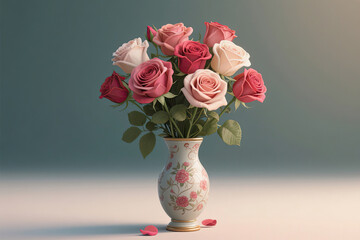 Roses in vase 3d realistic art illustration romantic.
