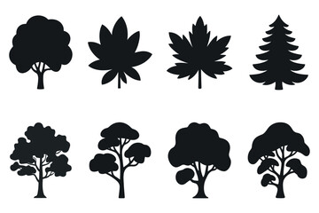 Collection of black silhouette vector illustrations featuring various tree shapes and designs, including deciduous and coniferous trees, perfect for nature, environment, and ecological themes.