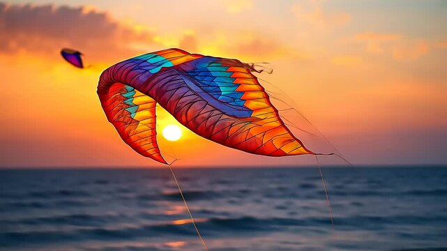 Colorful kite soaring at sunset over ocean