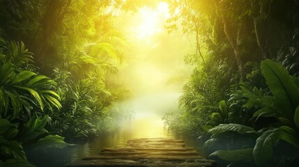 Golden path through lush jungle forest
