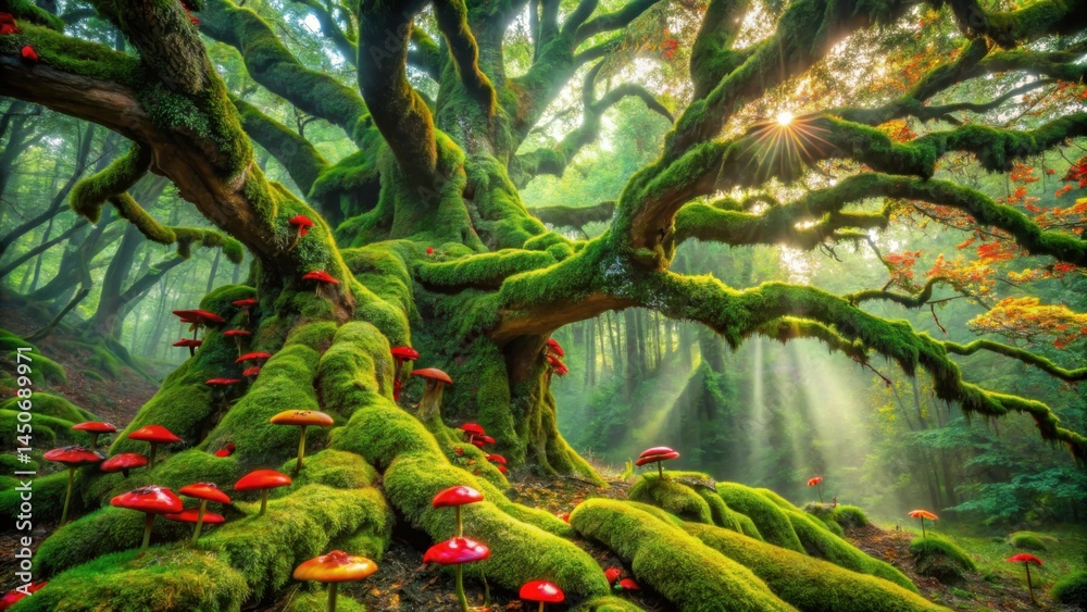 Poster Sunlight streams through the canopy of a moss-covered ancient tree, illuminating a carpet of vibrant red mushrooms in a lush green forest.