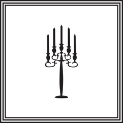 Vintage Candelabra Silhouette – Five Arm Candle Holder Icon with Tall Candles, Elegant Classic Black Vector Illustration
