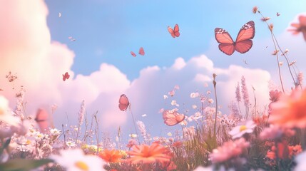 A beautiful landscape of flowers and butterflies dancing in the sky under soft clouds and a bright blue background.
