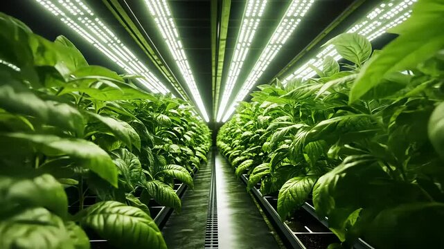 Lush basil plants thriving under bright LED grow lights in a modern indoor farm setting