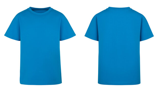 Blue t shirt design isolated on white background. Blank Shirt template and mockup, for your logo. Two T-Shirt front and back view with short sleeve