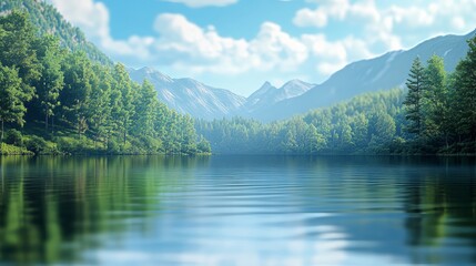 Fototapeta premium A scenic mountain lake with green trees and blue sky is blurred in the background. The water reflects the view. This image is out of focus. 