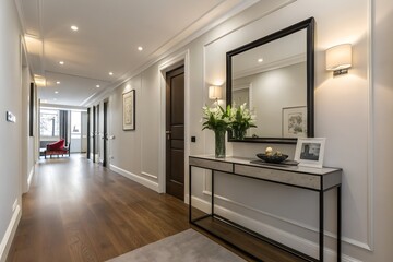 Modern hallway with mirror, table, and one vase