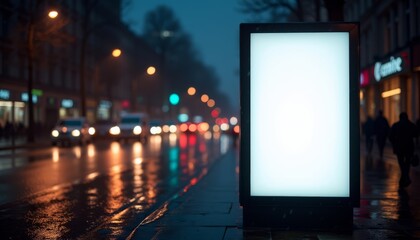 A white billboard is on a wet street in the rain