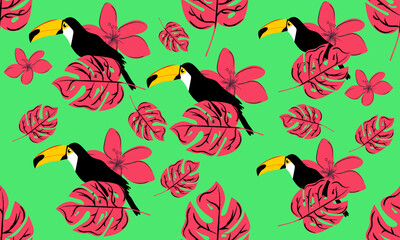 Summer seamless toucan background with tropical plants on a green background.Vector illustration