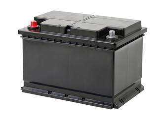 A high-quality image of a modern car battery with clearly visible terminals and safety features isolated on white background PNG