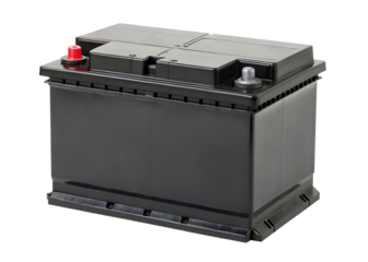 A high-quality image of a modern car battery with clearly visible terminals and safety features isolated on white background PNG