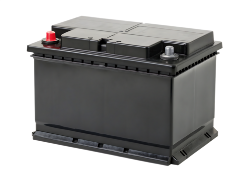 A high-quality image of a modern car battery with clearly visible terminals and safety features isolated on white background PNG