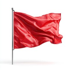 Red Flag Waving on a Pole Isolated on White Background A 3D Render of a Red Fabric Banner Draped in the Wind