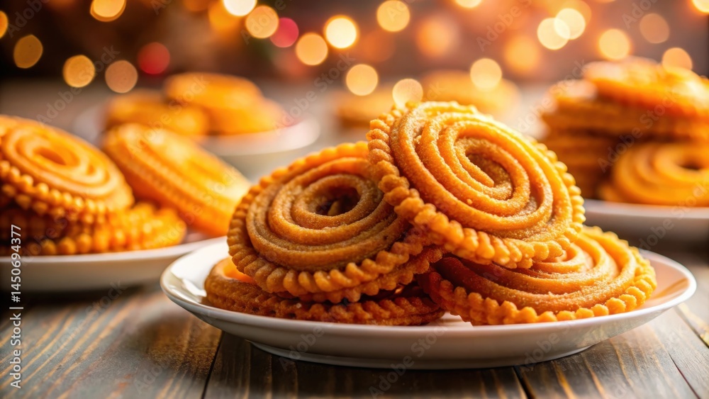Poster crispy spiraled fried dough pastries on a white plate with bokeh lights in the background