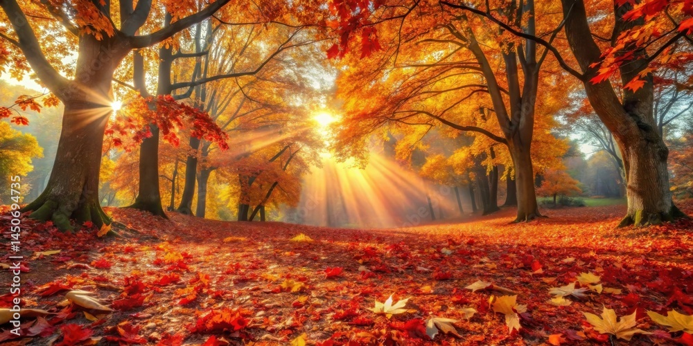 Poster sunlight filters through the vibrant foliage of a deciduous forest, casting long shadows on the carp