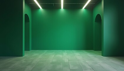 A large, empty room with green walls and a green floor