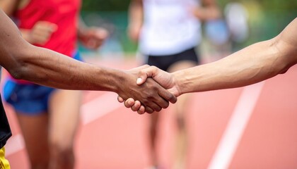 Athletes Shaking Hands on Running Track Showing Sportsmanship and Teamwork After a Race