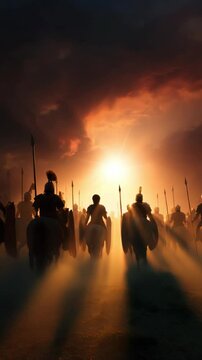 Armed soldiers riding horses advance through a misty landscape towards a bright sun, carrying shields and spears in a historical military scene.