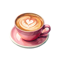 Pink ceramic coffee cup latte art heart frothy c – High Quality Watercolor Illustration