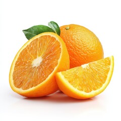Fototapeta premium Juicy Orange Fruit Slices with Leaves Isolated on White Background Delicious and Refreshing Citrus
