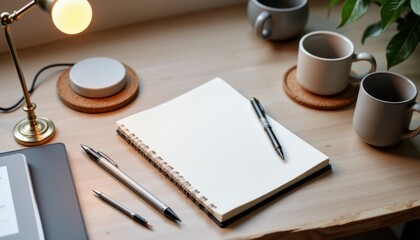A desk with a notebook, pens, and cups
