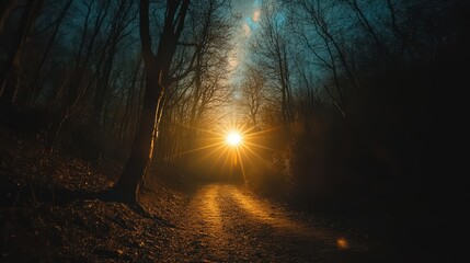 Sunlight Glowing Through Trees on a Dark Pathway In the Forest at Twilight