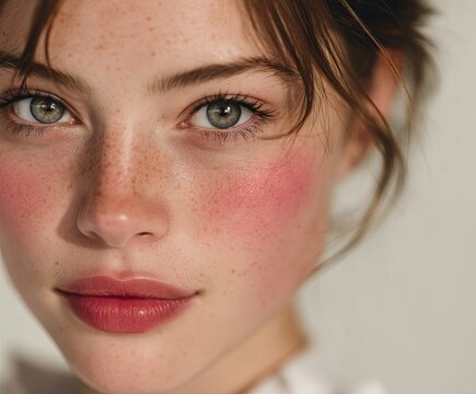 young woman with bare skin and a cold pink liquid blush applied on her cheek