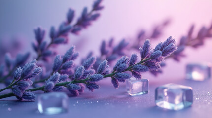 Illustrative lavender sprigs with ice cubes on a glittery surface. Soft purple and pink hues create a serene, dreamy atmosphere.
