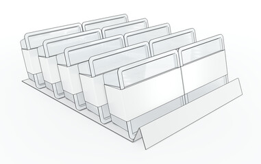 Outline drawing of tabletop stand with shelf talker and plastic disposable food packaging containers with blank label. 3d illustration isolated on white