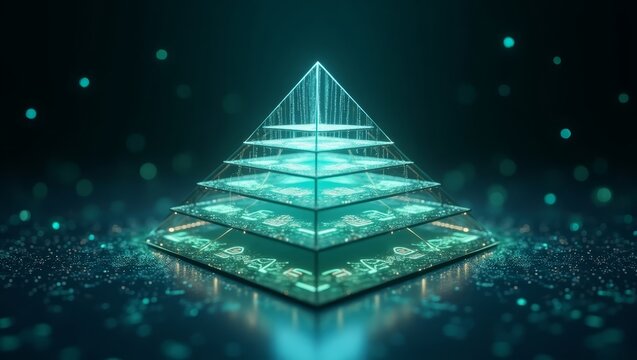 Digital data hierarchy pyramid with flowing insights — designed for business platforms and big data architecture