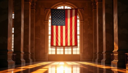A large American flag is hanging from the ceiling in a large room