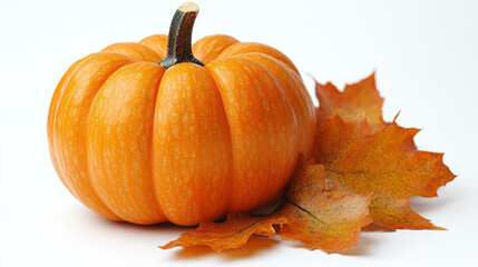 A vibrant orange pumpkin sits on a white background, accompanied by three autumnal leaves