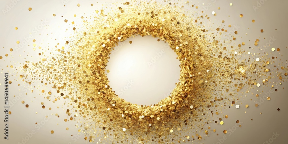 Fototapete a shimmering golden circle frame of confetti particles against a light background. the confetti swir