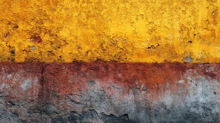 A textured wall with a vibrant yellow top section and a blend of brown and gray below. The aged paint creates a rich, earthy palette.