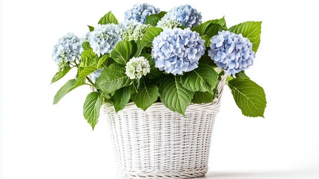 A beautiful hydrangea plant with soft blue blooms and lush green foliage, elegantly arranged in a rustic white wicker basket, isolated against a clean white background 