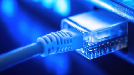 Blue illuminated Ethernet cable connector, close-up shot of a network plug, highlighting connectivity technology.