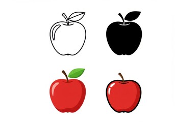 Fototapeta premium Four Apple Icons Collection Vector Illustration: Outline, Silhouette, and Realistic Colorful Fruit