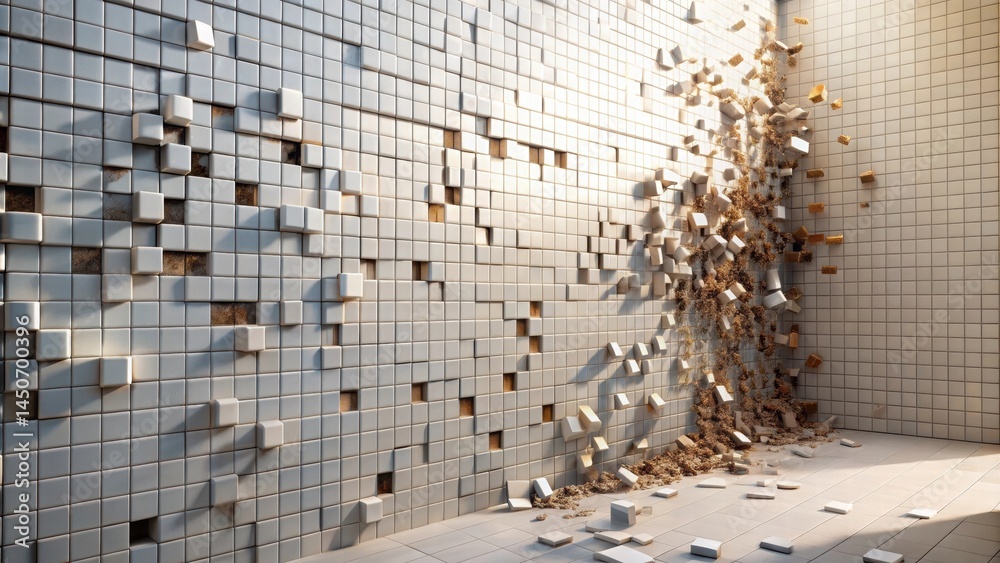 Aufkleber a wall of white tiles with a portion broken away revealing a cascade of smaller tiles and debris