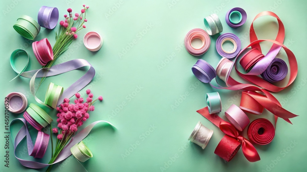 Aufkleber A pastel green background with an array of colorful ribbons, spools and flowers, a visually appealing scene for craft or design projects.
