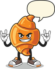An illustrated croissant character with a devilish expression, striking a rock-on hand gesture, and having a blank speech bubble, standing with sneakers on.