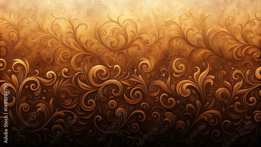 Poster golden floral swirls with a rustic background, a decorative pattern of intricate details and earthy 